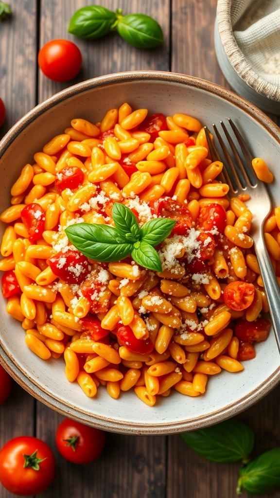 A bowl of tomato orzo pasta garnished with basil and Parmesan cheese on a wooden table with cherry tomatoes.